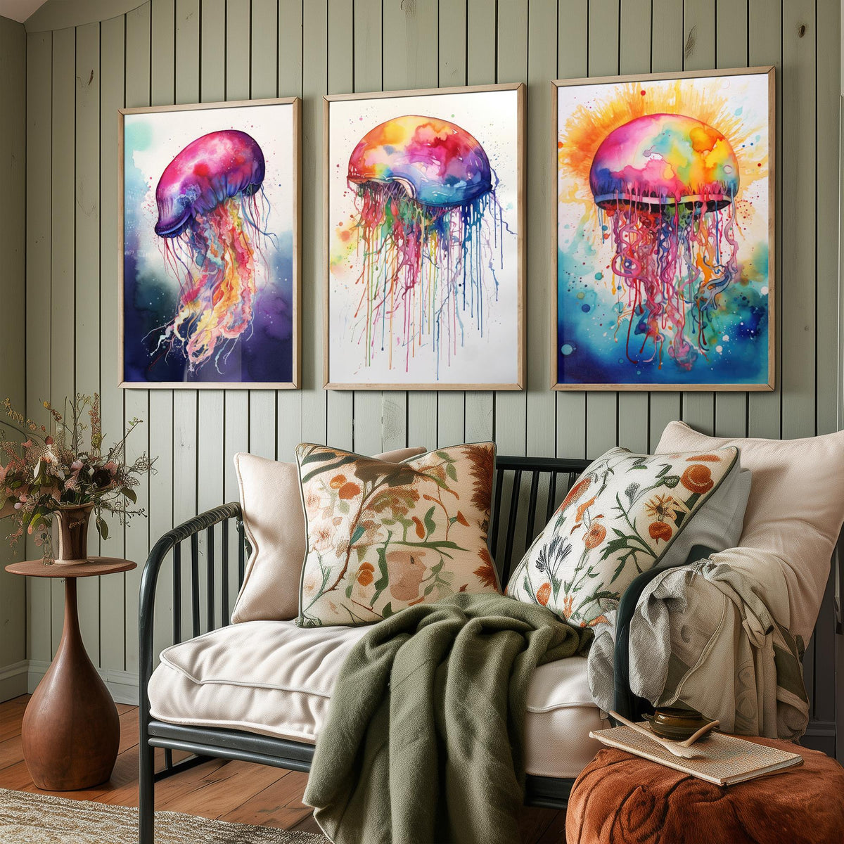 Watercolour Jellyfish Set of Three Art Prints - Magenta, Pastel and Sunburst Jellyfish - Rainbow Ocean Painting Poster V2
