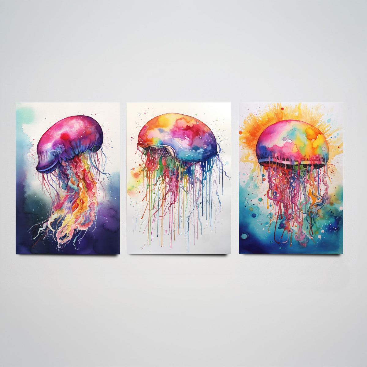 Watercolour Jellyfish Set of Three Art Prints - Magenta, Pastel and Sunburst Jellyfish - Rainbow Ocean Painting Poster V2