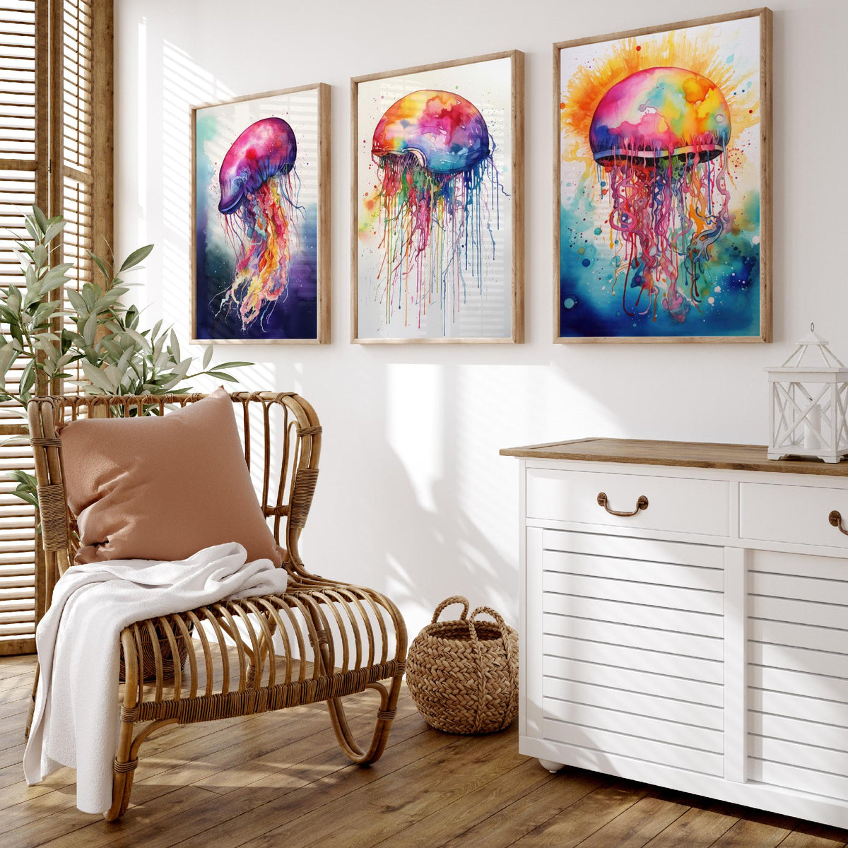 Watercolour Jellyfish Set of Three Art Prints - Magenta, Pastel and Sunburst Jellyfish - Rainbow Ocean Painting Poster V2