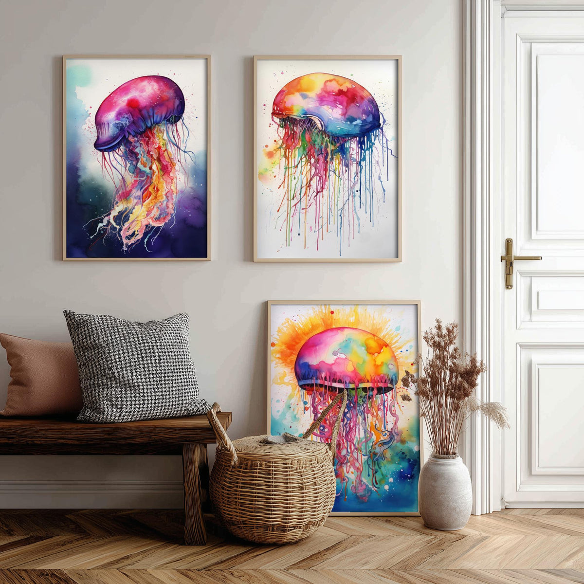 Watercolour Jellyfish Set of Three Art Prints - Magenta, Pastel and Sunburst Jellyfish - Rainbow Ocean Painting Poster V2