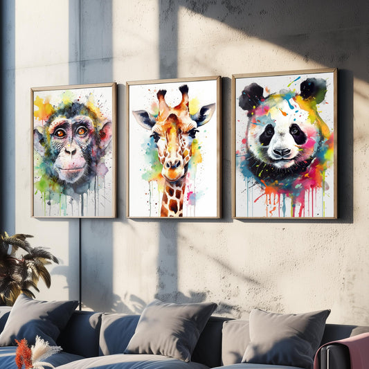 Watercolour Animal Faces Set of Three Art Prints - Monkey, Giraffe, Panda - Rainbow Splash Wildlife Painting Poster