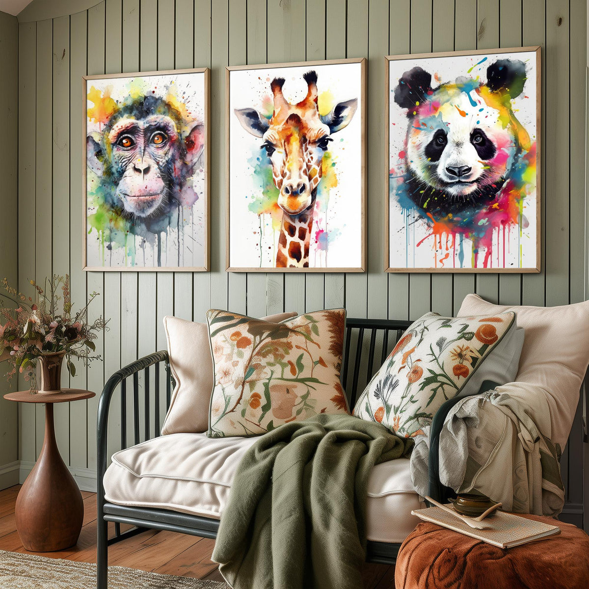 Watercolour Animal Faces Set of Three Art Prints - Monkey, Giraffe, Panda - Rainbow Splash Wildlife Painting Poster
