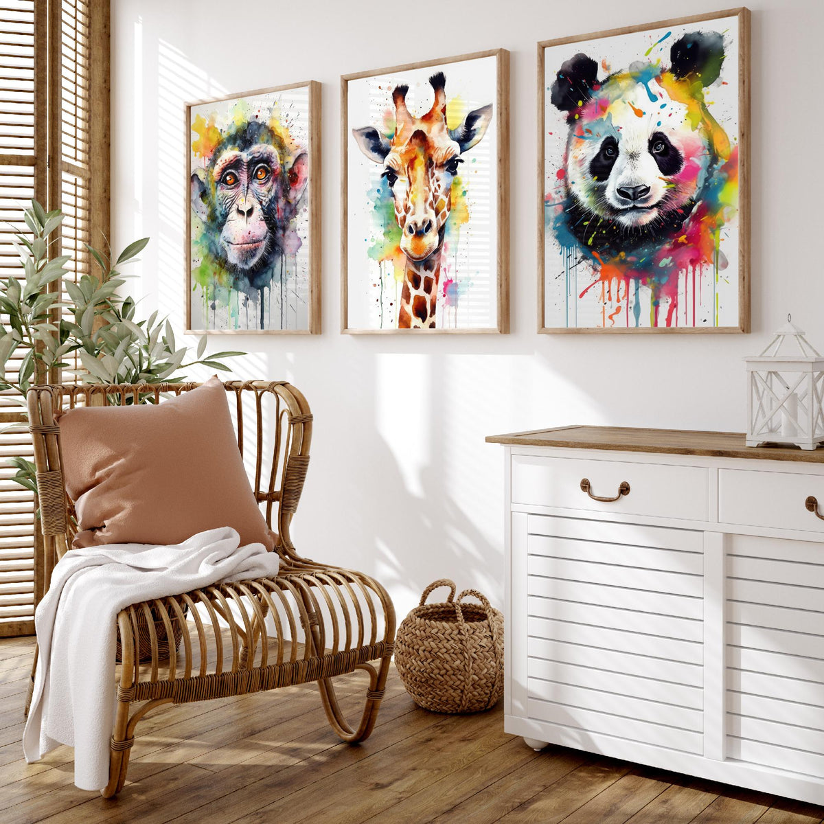 Watercolour Animal Faces Set of Three Art Prints - Monkey, Giraffe, Panda - Rainbow Splash Wildlife Painting Poster