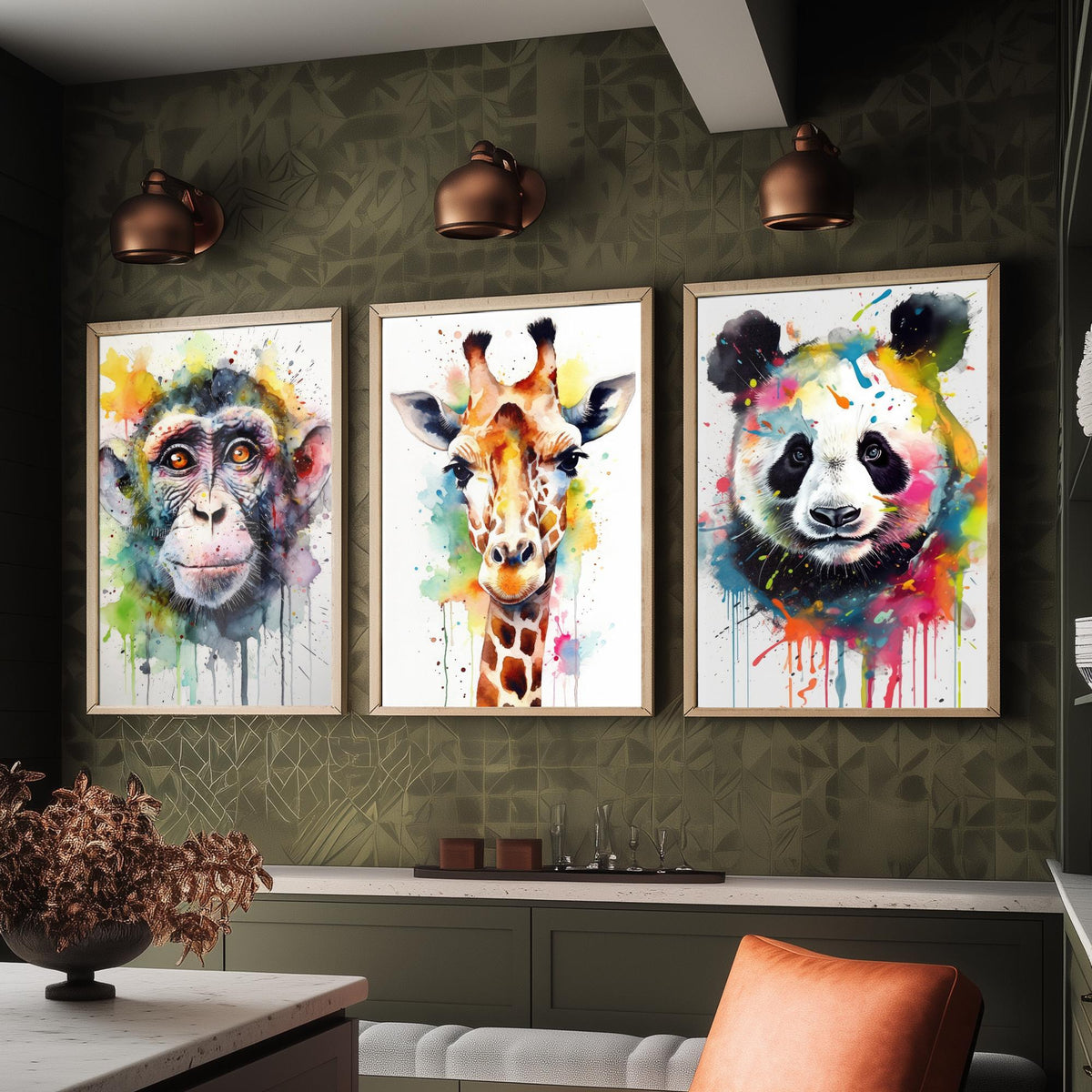 Watercolour Animal Faces Set of Three Art Prints - Monkey, Giraffe, Panda - Rainbow Splash Wildlife Painting Poster