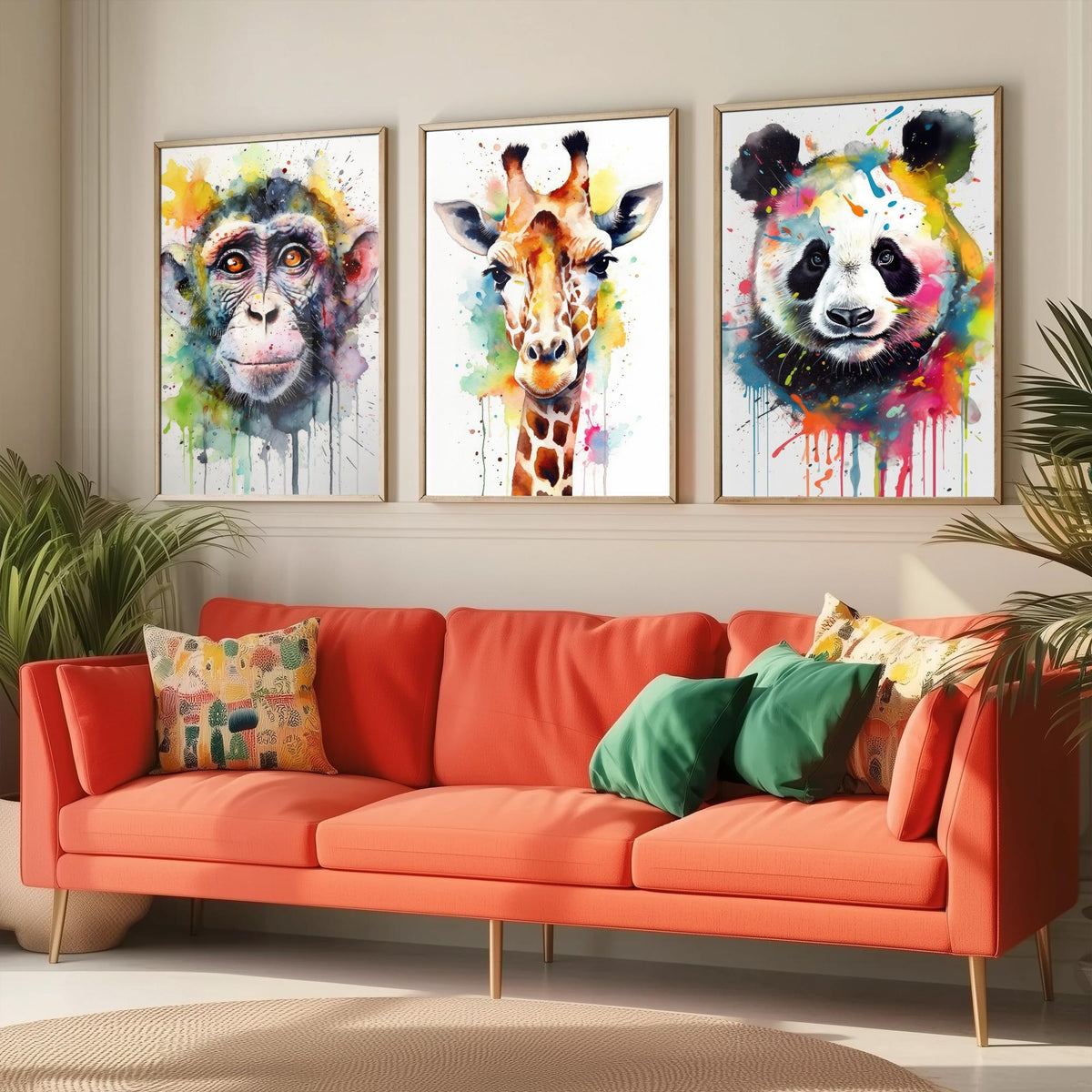 Watercolour Animal Faces Set of Three Art Prints - Monkey, Giraffe, Panda - Rainbow Splash Wildlife Painting Poster