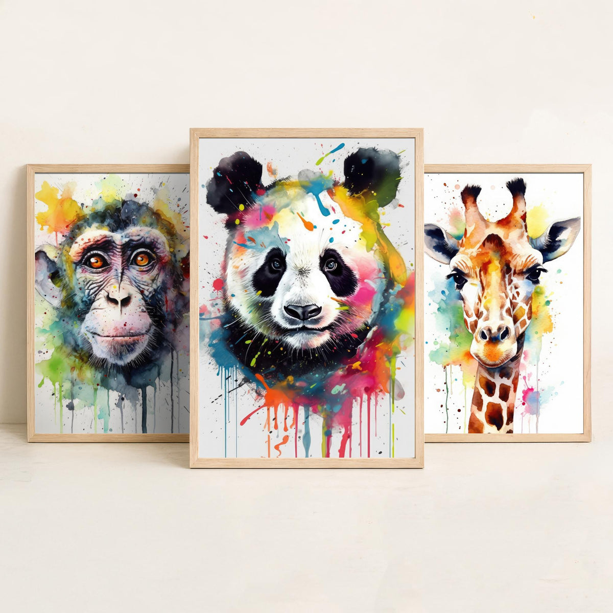 Watercolour Animal Faces Set of Three Art Prints - Monkey, Giraffe, Panda - Rainbow Splash Wildlife Painting Poster