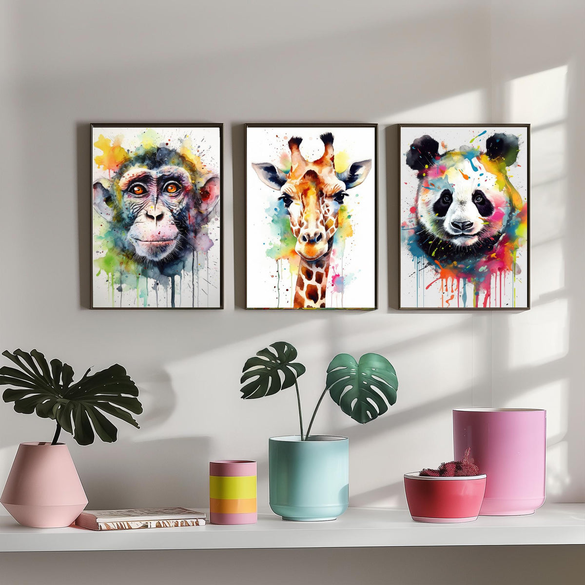 Watercolour Animal Faces Set of Three Art Prints - Monkey, Giraffe, Panda - Rainbow Splash Wildlife Painting Poster