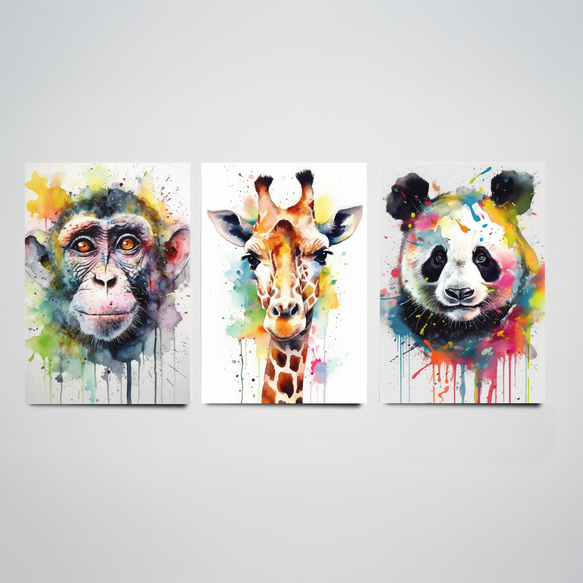 Watercolour Animal Faces Set of Three Art Prints - Monkey, Giraffe, Panda - Rainbow Splash Wildlife Painting Poster