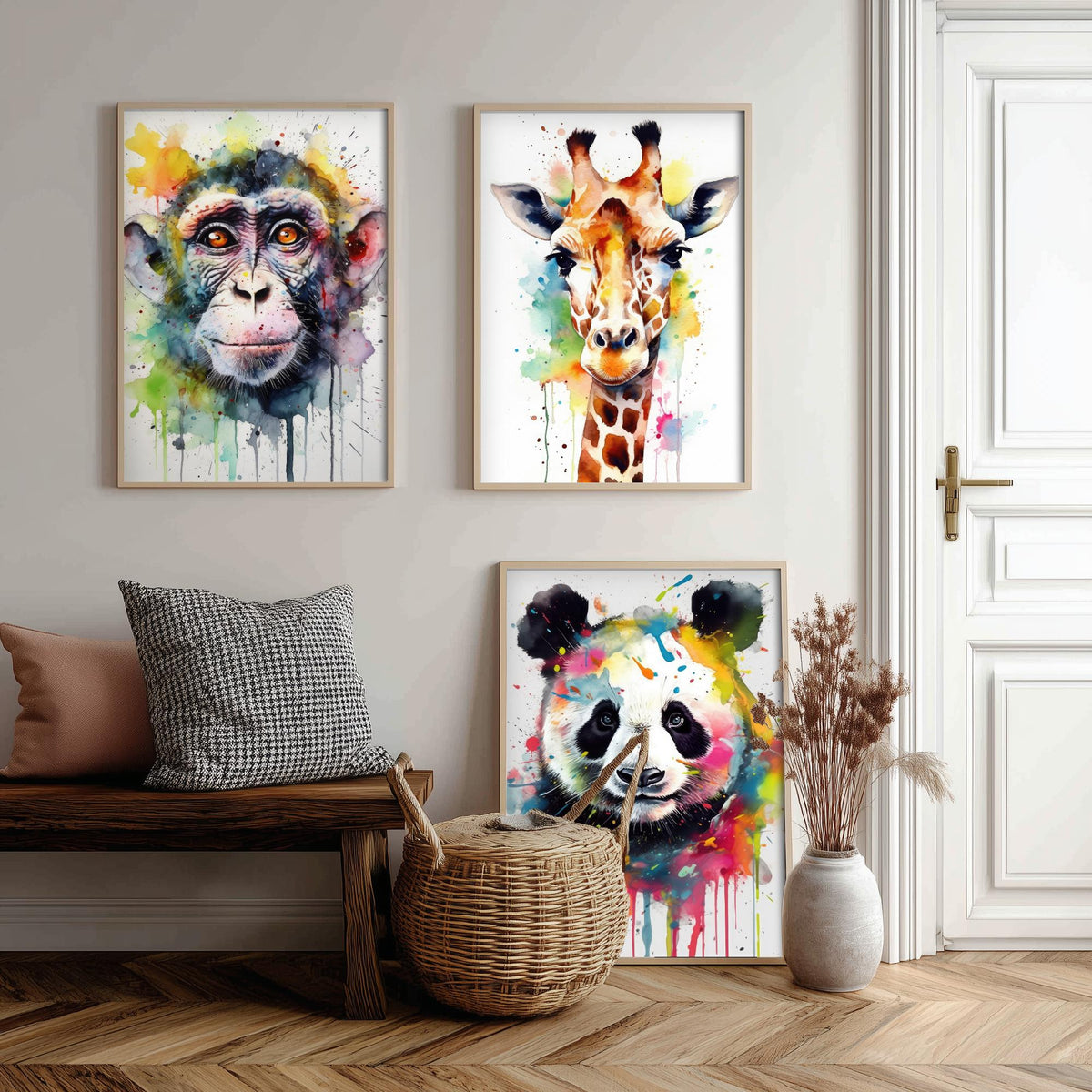 Watercolour Animal Faces Set of Three Art Prints - Monkey, Giraffe, Panda - Rainbow Splash Wildlife Painting Poster