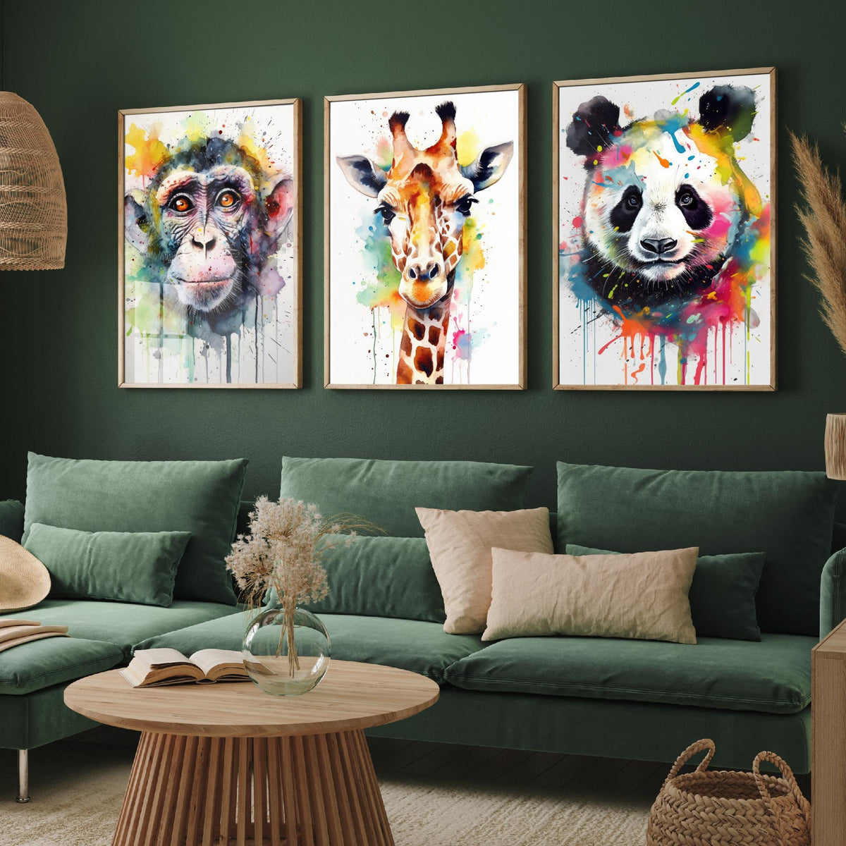 Watercolour Animal Faces Set of Three Art Prints - Monkey, Giraffe, Panda - Rainbow Splash Wildlife Painting Poster