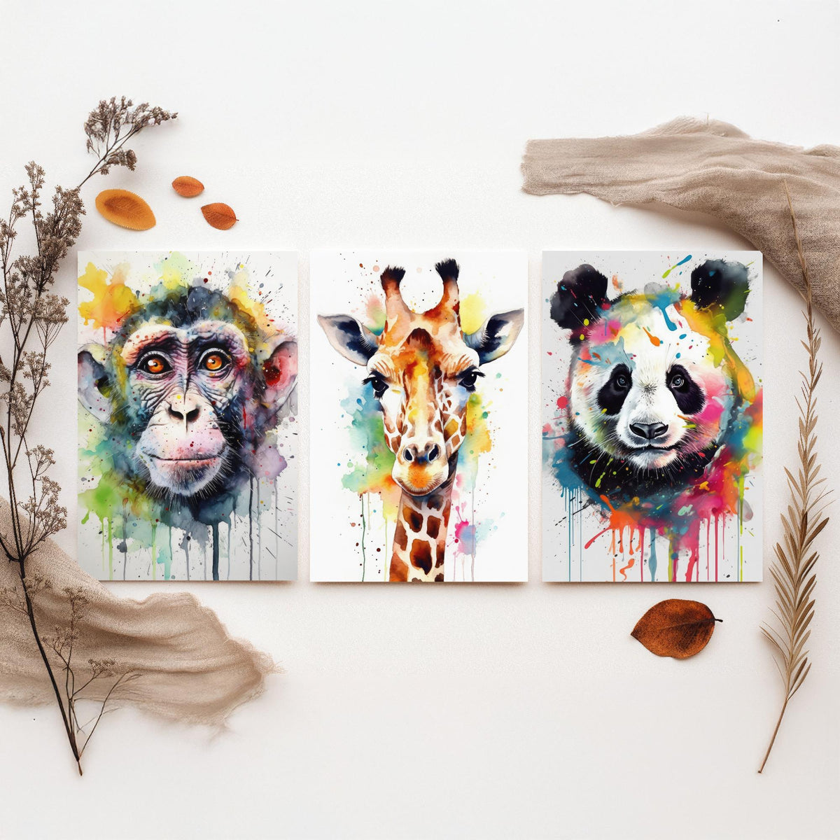 Watercolour Animal Faces Set of Three Art Prints - Monkey, Giraffe, Panda - Rainbow Splash Wildlife Painting Poster