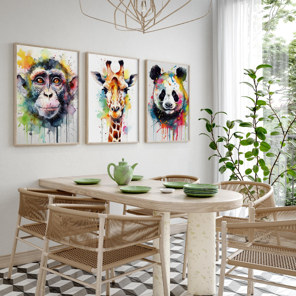 Watercolour Animal Faces Set of Three Art Prints - Monkey, Giraffe, Panda - Rainbow Splash Wildlife Painting Poster