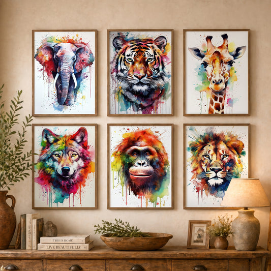 Set of Six Rainbow Watercolour Animal Art Prints - 6 Splash Portrait Posters - Elephant, Tiger, Giraffe, Wolf, Orangutan, Lion