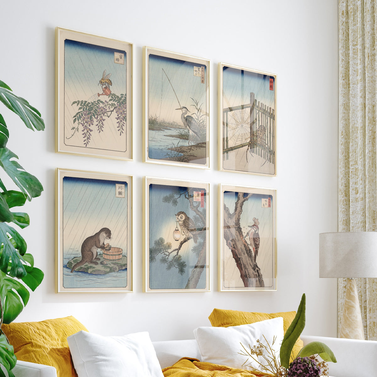Set of Six Animals at Work Art Prints - 6 Japanese Ukiyo-e Posters - Bee, Heron, Spider, Otter, Owl, Woodpecker Woodblock - After Hiroshige