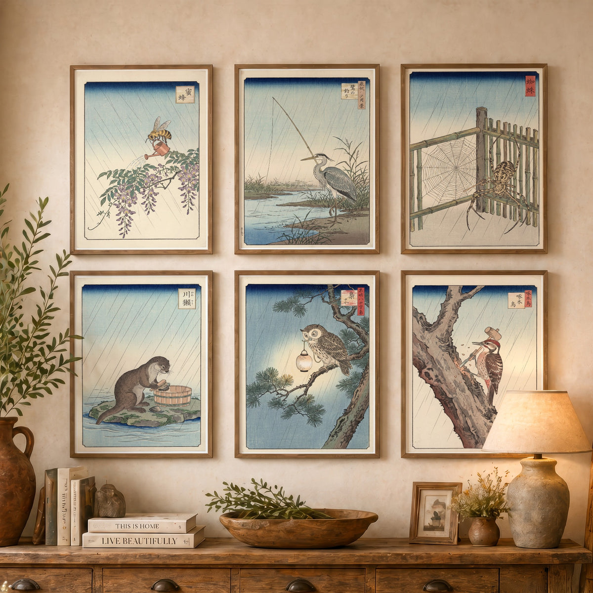 Set of Six Animals at Work Art Prints - 6 Japanese Ukiyo-e Posters - Bee, Heron, Spider, Otter, Owl, Woodpecker Woodblock - After Hiroshige