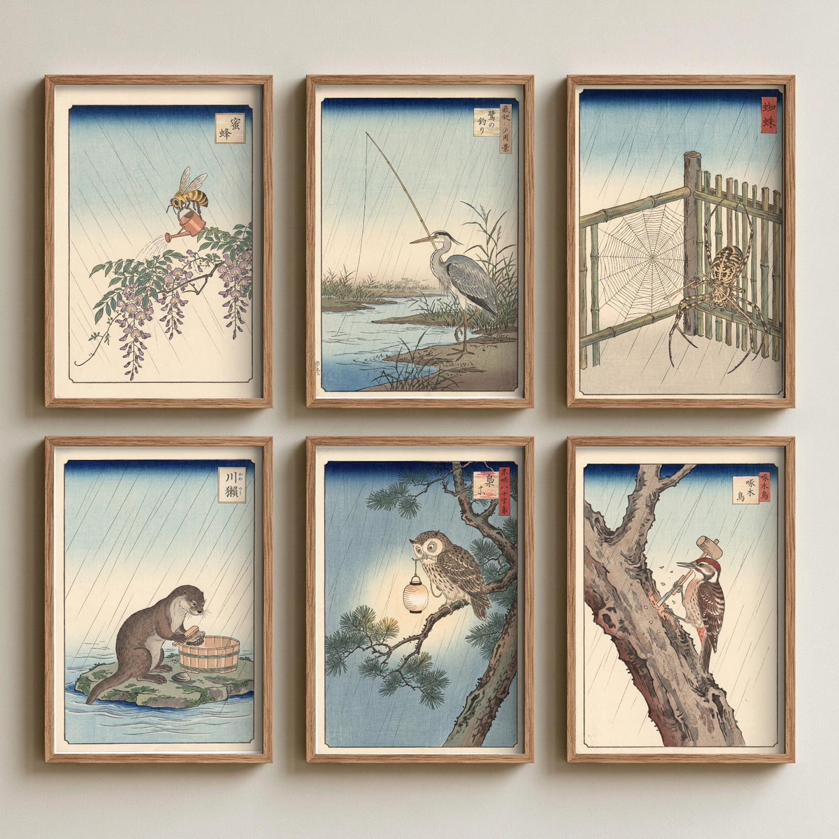 Set of Six Animals at Work Art Prints - 6 Japanese Ukiyo-e Posters - Bee, Heron, Spider, Otter, Owl, Woodpecker Woodblock - After Hiroshige