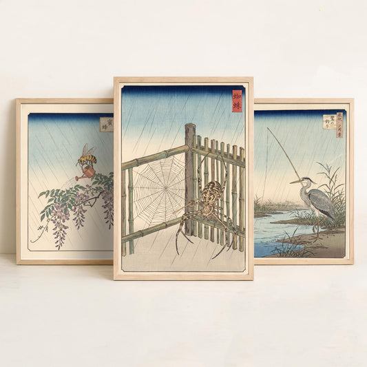 Animals at Work Set of Three Art Prints - Bee, Heron and Spider in the Rain - Japanese Ukiyo-e Woodblock Posters V1 - After Hiroshige