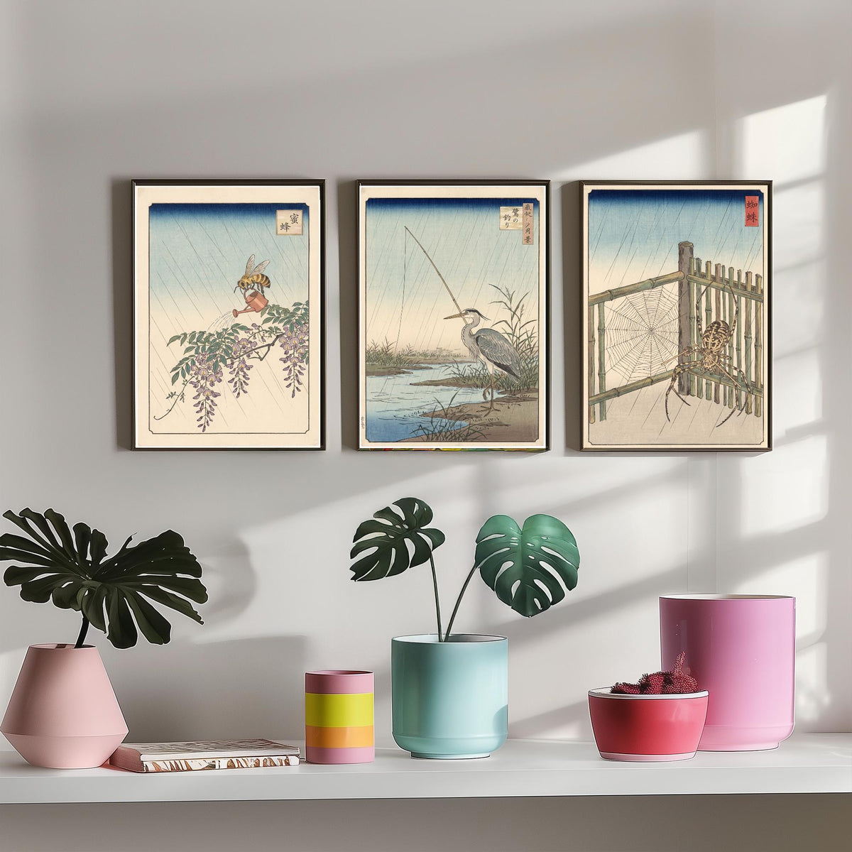Animals at Work Set of Three Art Prints - Bee, Heron and Spider in the Rain - Japanese Ukiyo-e Woodblock Posters V1 - After Hiroshige