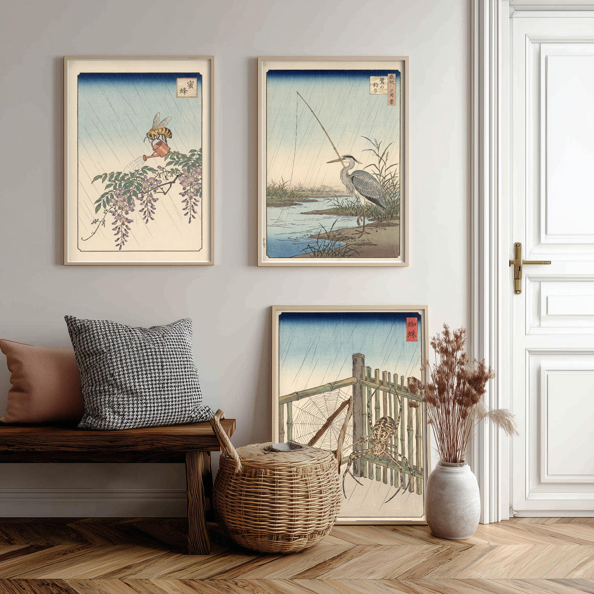 Animals at Work Set of Three Art Prints - Bee, Heron and Spider in the Rain - Japanese Ukiyo-e Woodblock Posters V1 - After Hiroshige