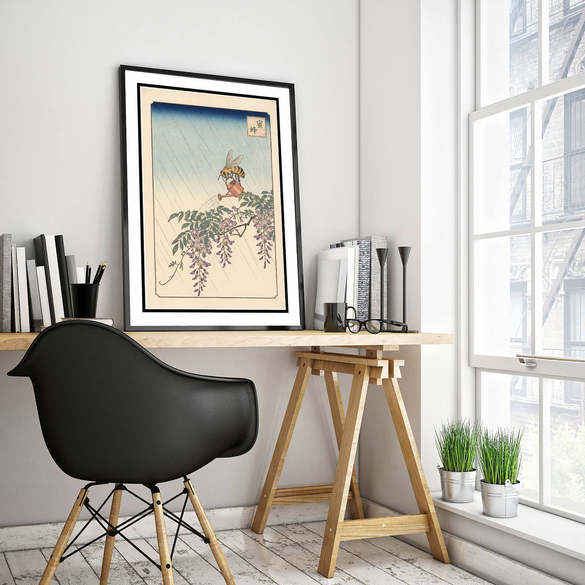 Bee with a Watering Can Art Print - Japanese Ukiyo-e Rain Poster - Woodblock Style Illustration - After Hiroshige