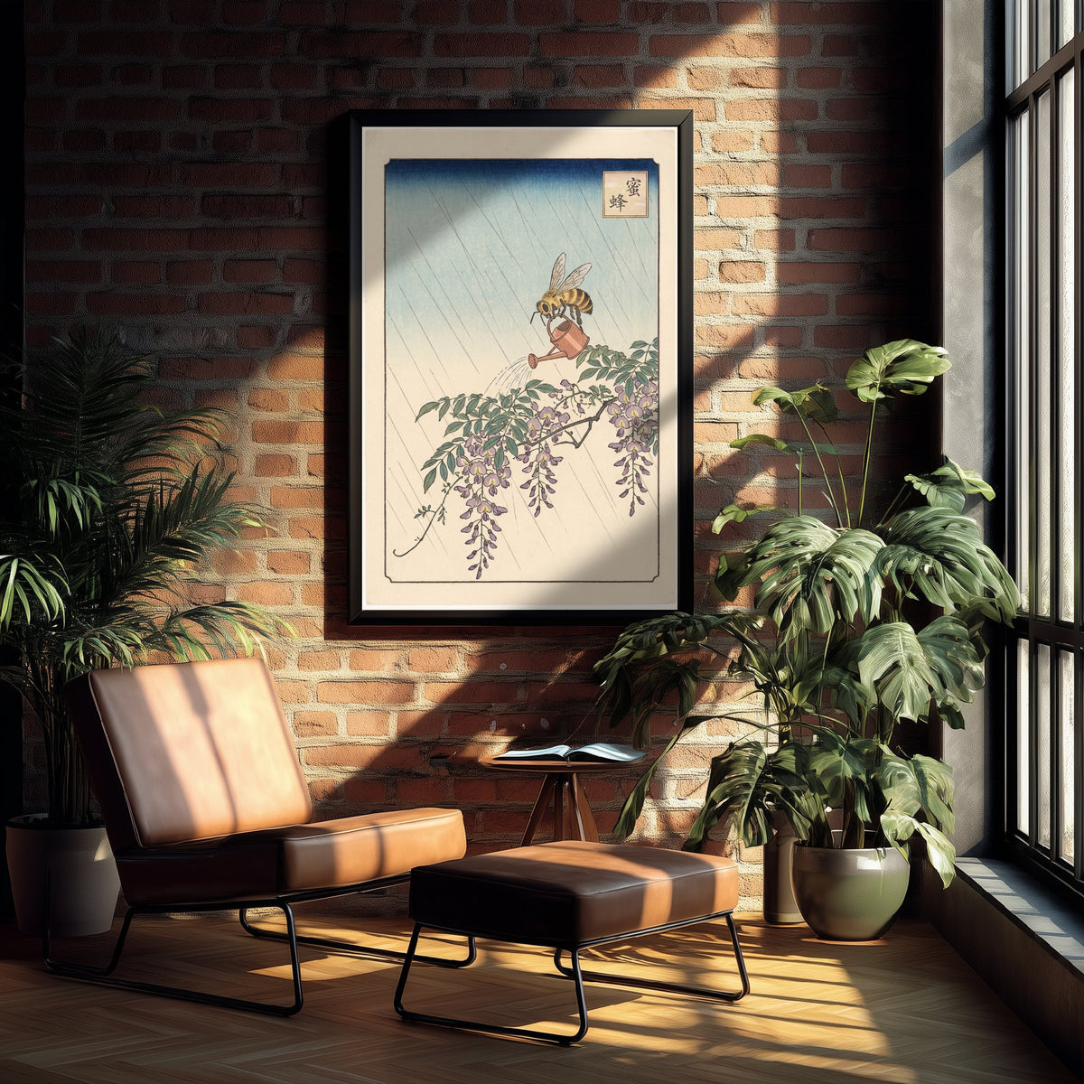 Bee with a Watering Can Art Print - Japanese Ukiyo-e Rain Poster - Woodblock Style Illustration - After Hiroshige