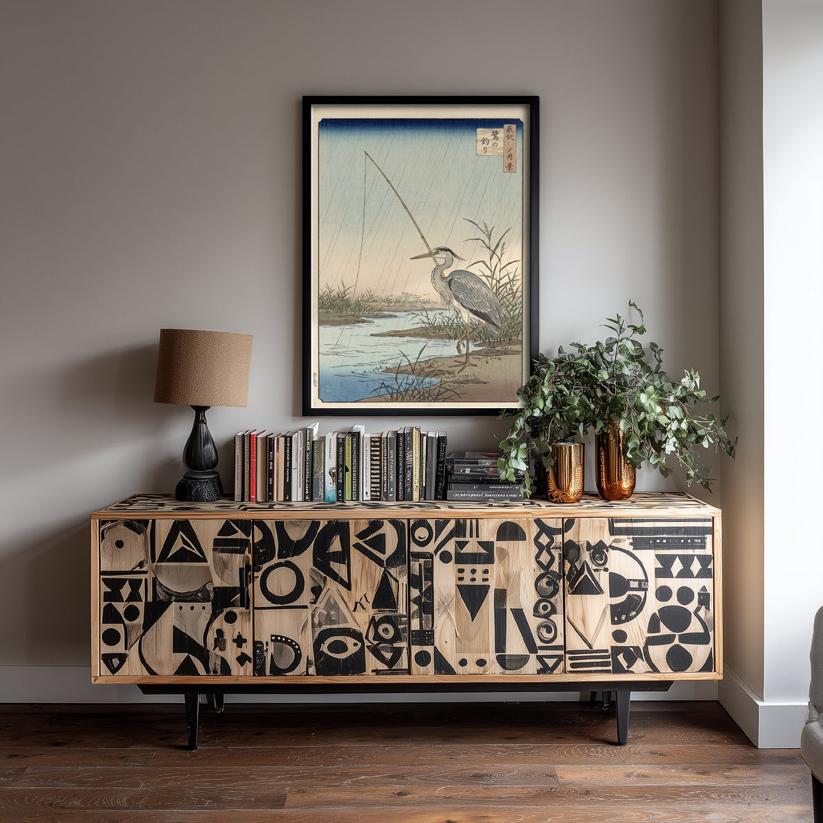 Heron with a Fishing Rod Art Print - Japanese Ukiyo-e Rain Poster - Woodblock Style Illustration - After Hiroshige