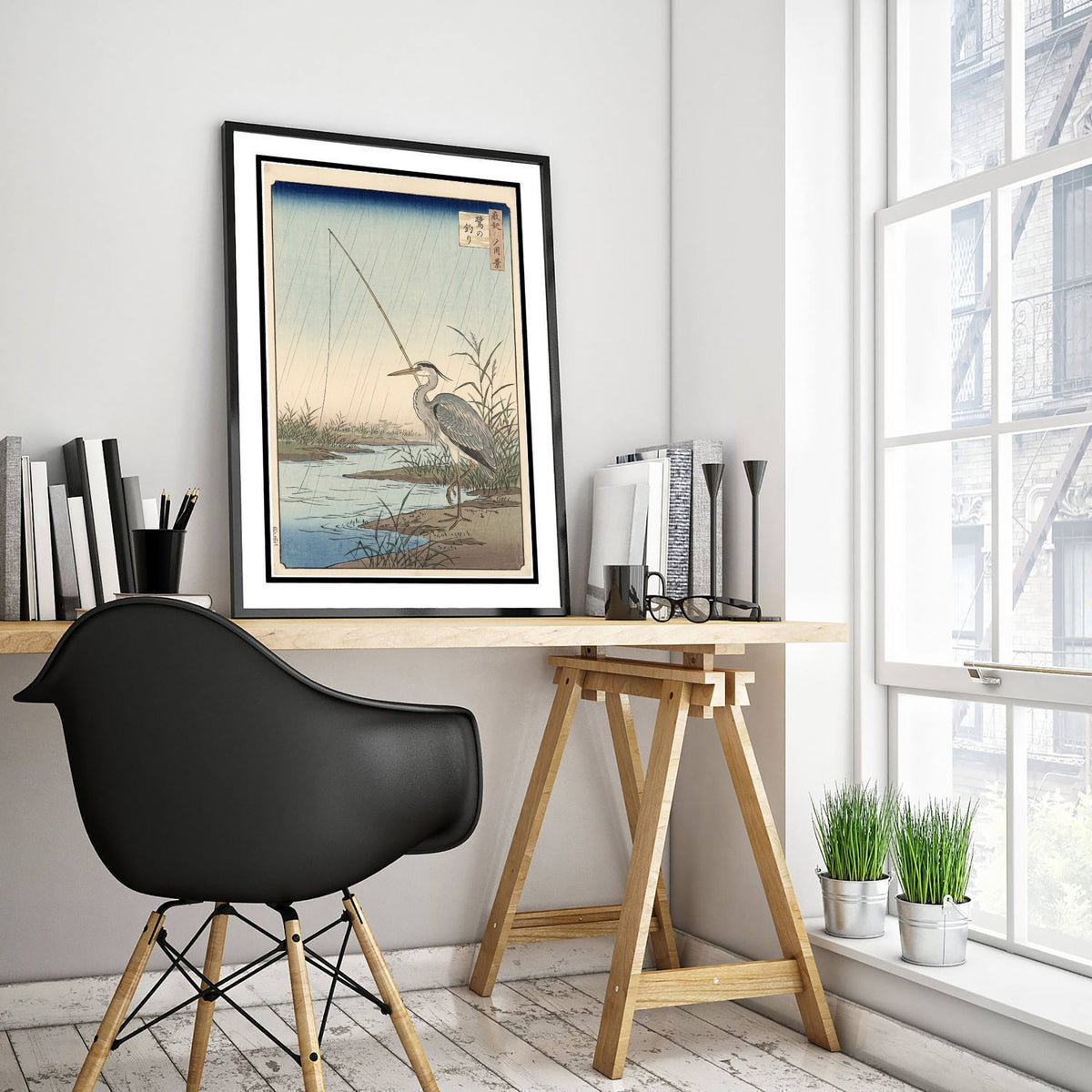 Heron with a Fishing Rod Art Print - Japanese Ukiyo-e Rain Poster - Woodblock Style Illustration - After Hiroshige