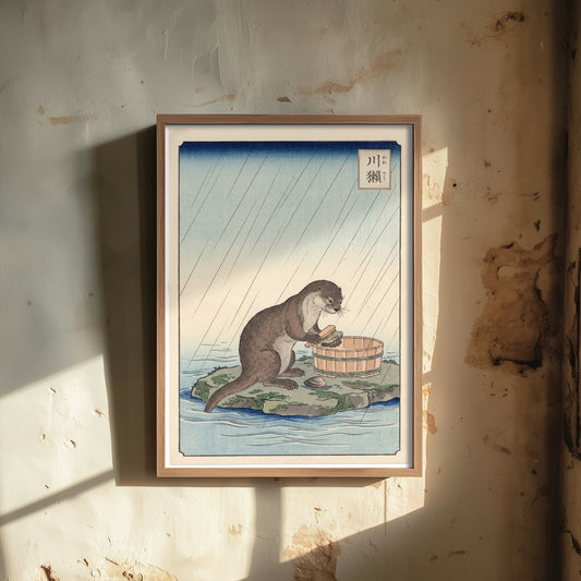 Otter at a Washing Tub Art Print - Japanese Ukiyo-e Rain Poster - Woodblock Style Illustration - After Hiroshige