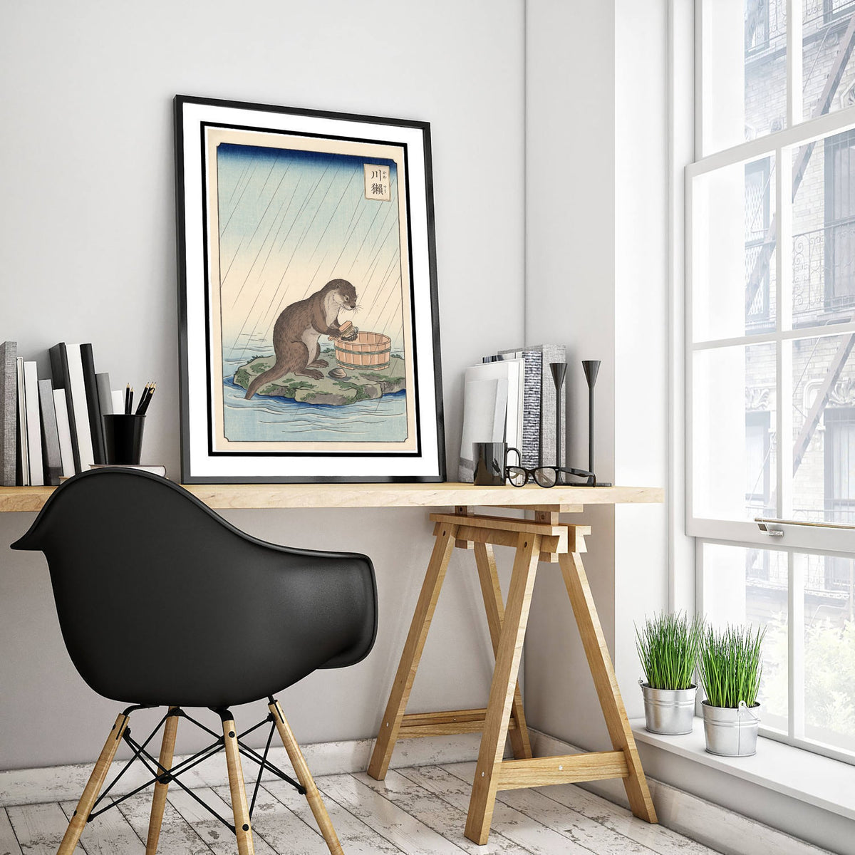 Otter at a Washing Tub Art Print - Japanese Ukiyo-e Rain Poster - Woodblock Style Illustration - After Hiroshige