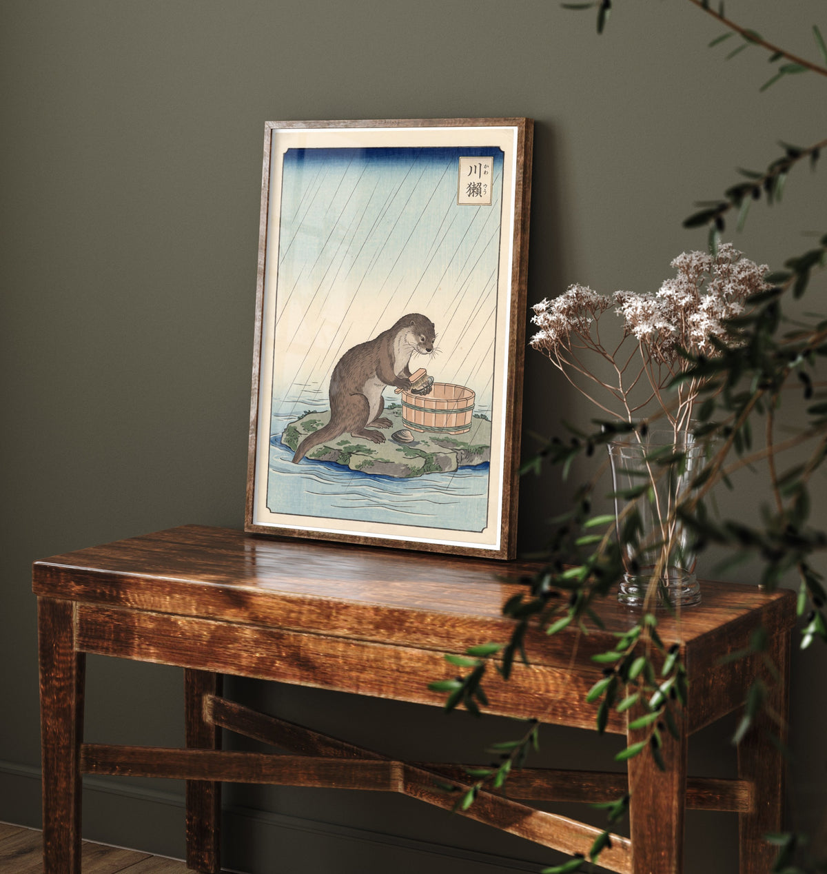 Otter at a Washing Tub Art Print - Japanese Ukiyo-e Rain Poster - Woodblock Style Illustration - After Hiroshige