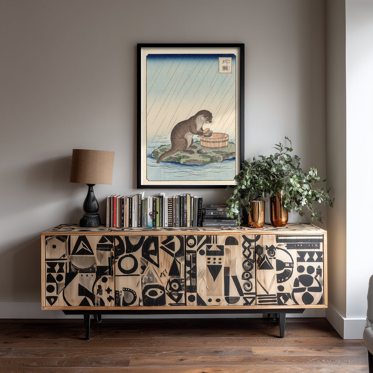 Otter at a Washing Tub Art Print - Japanese Ukiyo-e Rain Poster - Woodblock Style Illustration - After Hiroshige