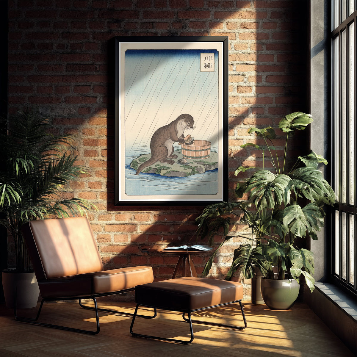 Otter at a Washing Tub Art Print - Japanese Ukiyo-e Rain Poster - Woodblock Style Illustration - After Hiroshige