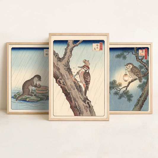 Animals at Work Set of Three Art Prints - Otter, Owl and Woodpecker in the Rain - Japanese Ukiyo-e Woodblock Posters V2 - After Hiroshige