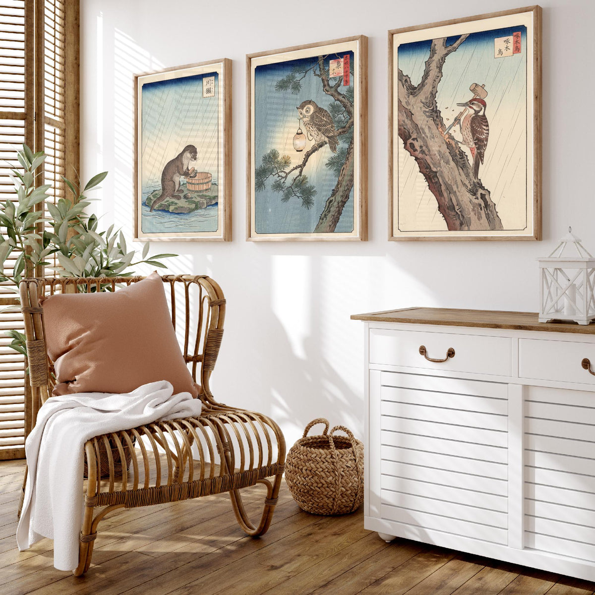 Animals at Work Set of Three Art Prints - Otter, Owl and Woodpecker in the Rain - Japanese Ukiyo-e Woodblock Posters V2 - After Hiroshige