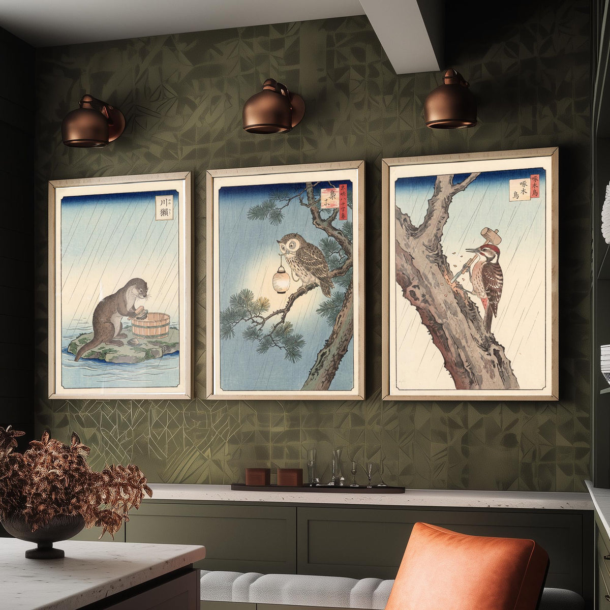 Animals at Work Set of Three Art Prints - Otter, Owl and Woodpecker in the Rain - Japanese Ukiyo-e Woodblock Posters V2 - After Hiroshige