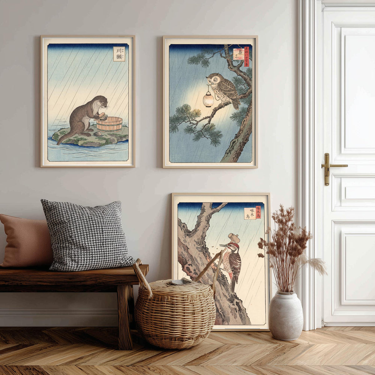 Animals at Work Set of Three Art Prints - Otter, Owl and Woodpecker in the Rain - Japanese Ukiyo-e Woodblock Posters V2 - After Hiroshige