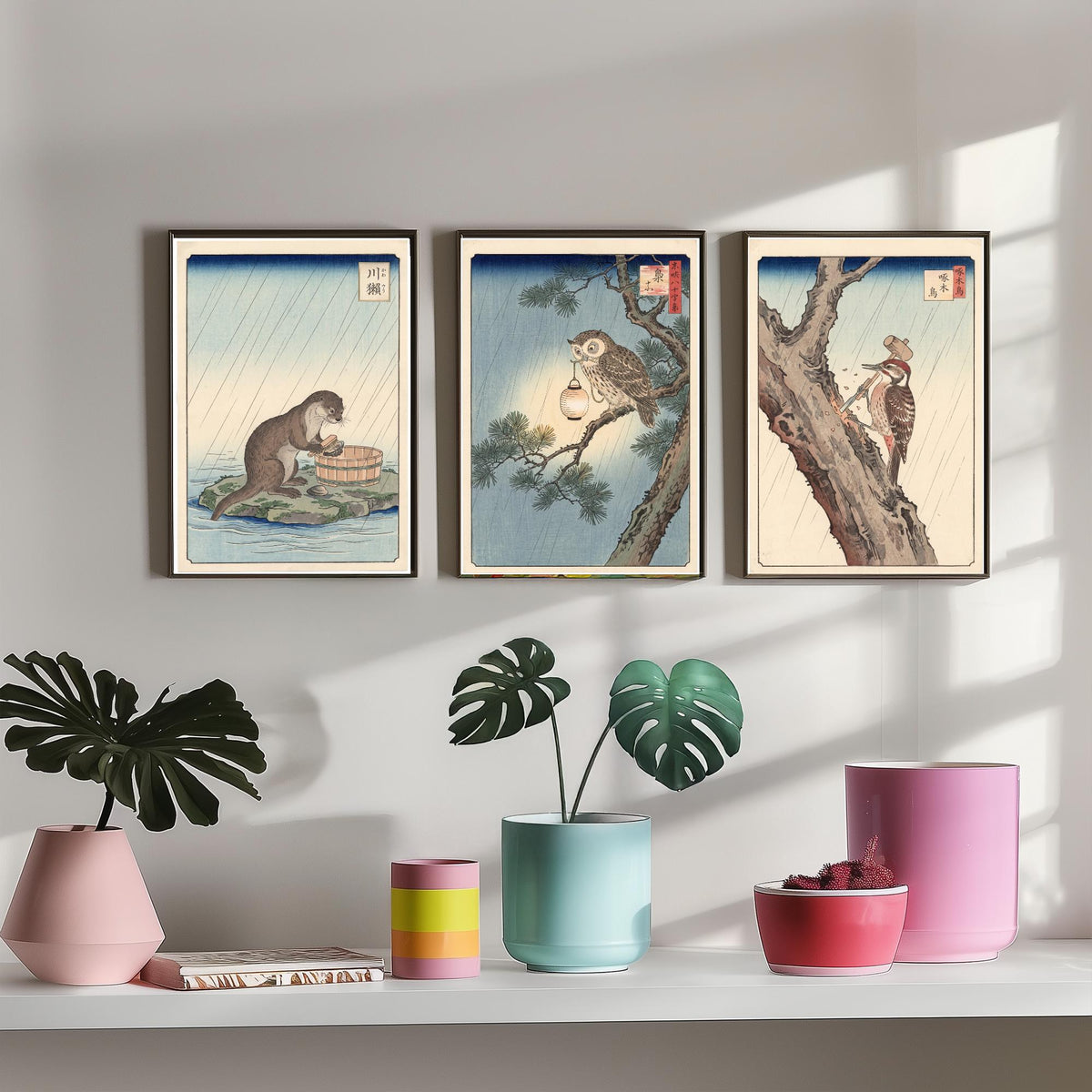 Animals at Work Set of Three Art Prints - Otter, Owl and Woodpecker in the Rain - Japanese Ukiyo-e Woodblock Posters V2 - After Hiroshige