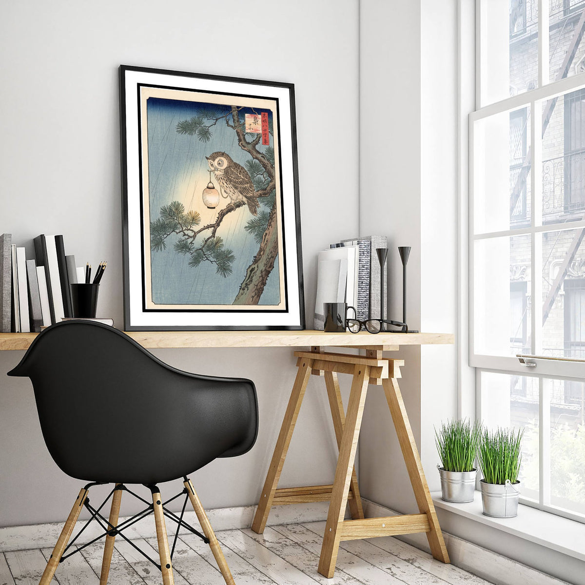 Owl with a Paper Lantern Art Print - Japanese Ukiyo-e Rain Poster - Woodblock Style Illustration - After Hiroshige