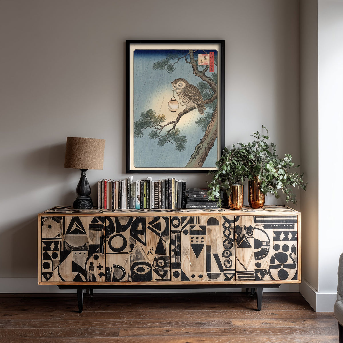 Owl with a Paper Lantern Art Print - Japanese Ukiyo-e Rain Poster - Woodblock Style Illustration - After Hiroshige