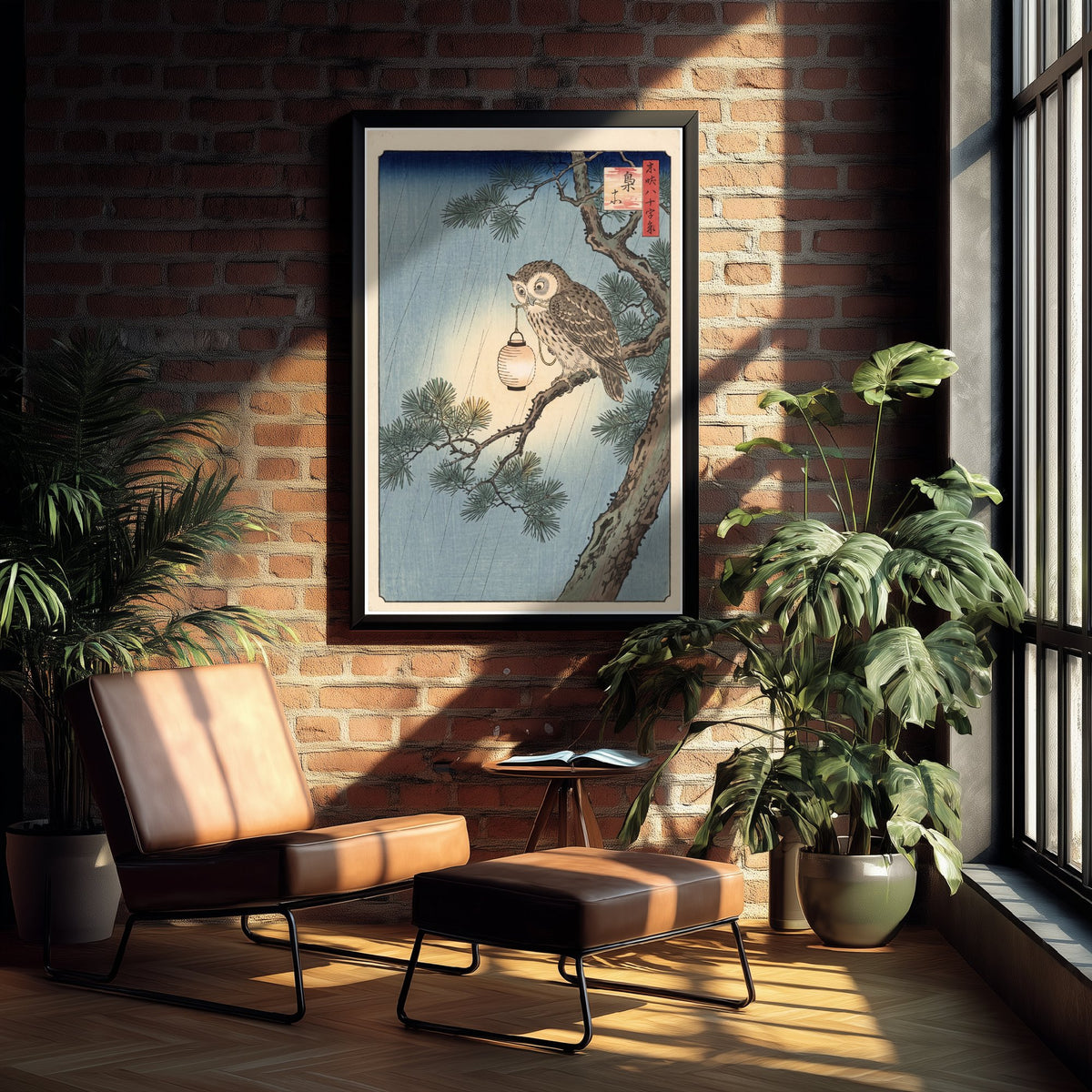 Owl with a Paper Lantern Art Print - Japanese Ukiyo-e Rain Poster - Woodblock Style Illustration - After Hiroshige