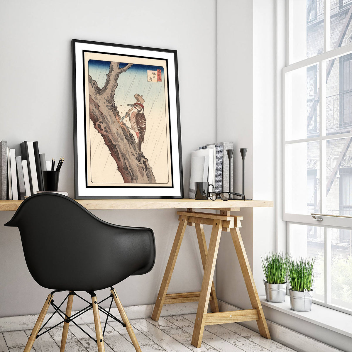Woodpecker with Mallet and Chisel Art Print - Japanese Ukiyo-e Rain Poster - Woodblock Style Illustration - After Hiroshige