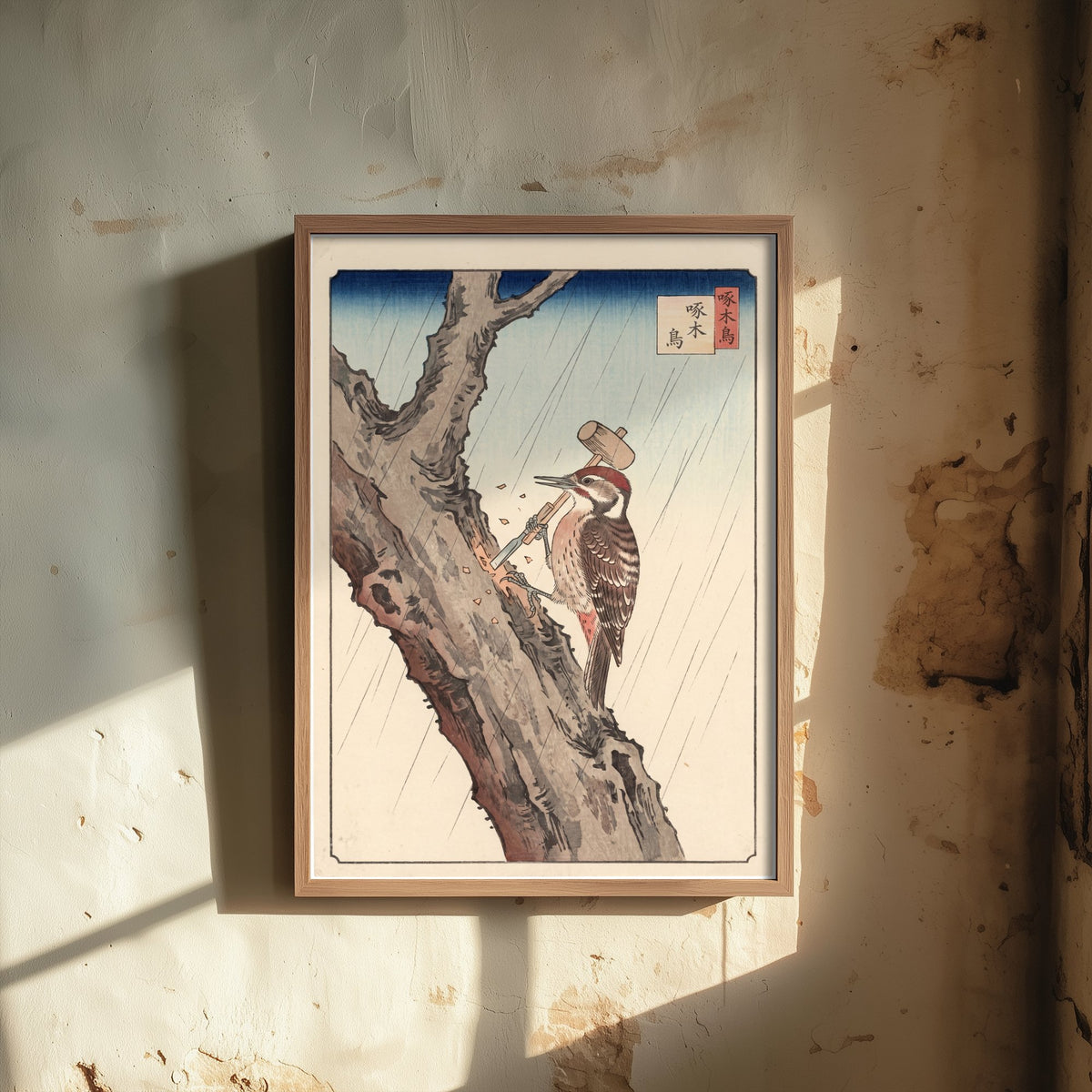 Woodpecker with Mallet and Chisel Art Print - Japanese Ukiyo-e Rain Poster - Woodblock Style Illustration - After Hiroshige