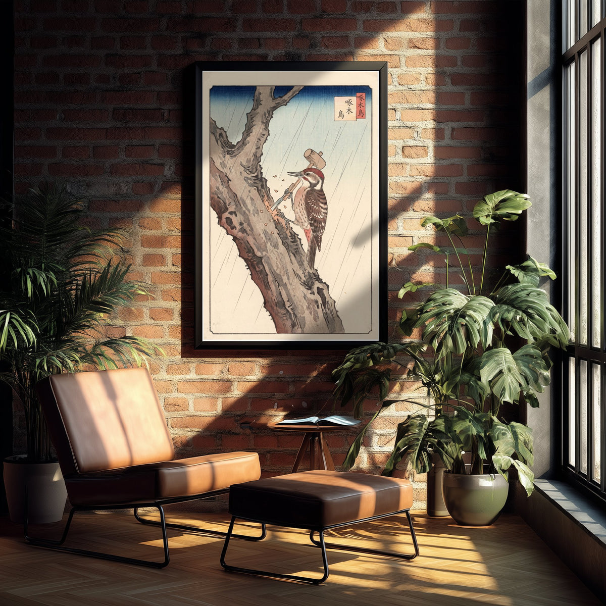 Woodpecker with Mallet and Chisel Art Print - Japanese Ukiyo-e Rain Poster - Woodblock Style Illustration - After Hiroshige