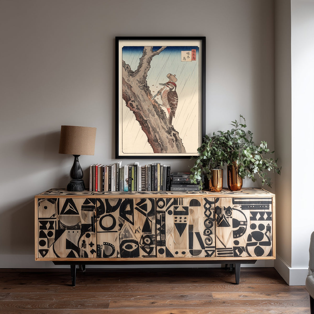 Woodpecker with Mallet and Chisel Art Print - Japanese Ukiyo-e Rain Poster - Woodblock Style Illustration - After Hiroshige