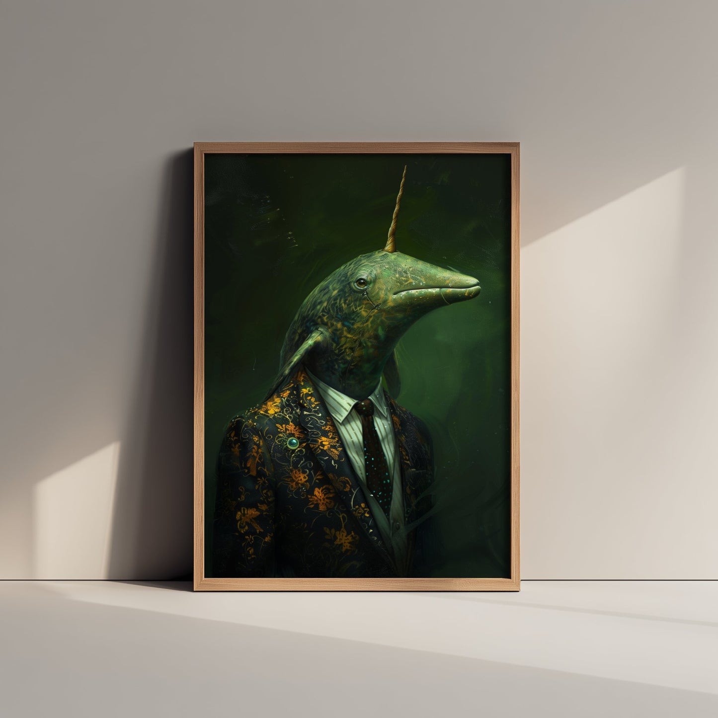 Narwhal in a Suit Art Print - Moody Animal Portrait Illustration - Quirky Office Poster 1/3