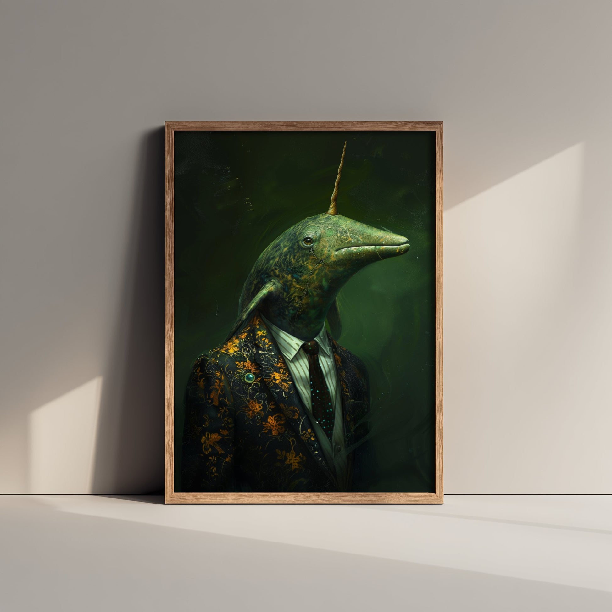 Narwhal in a Suit Art Print - Moody Animal Portrait Illustration - Quirky Office Poster 1/3