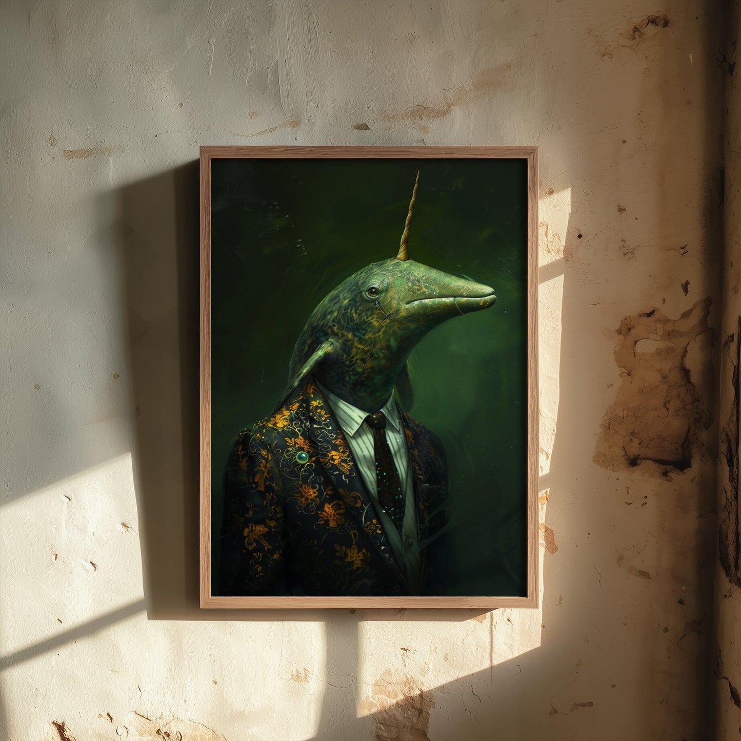 Narwhal in a Suit Art Print - Moody Animal Portrait Illustration - Quirky Office Poster 1/3