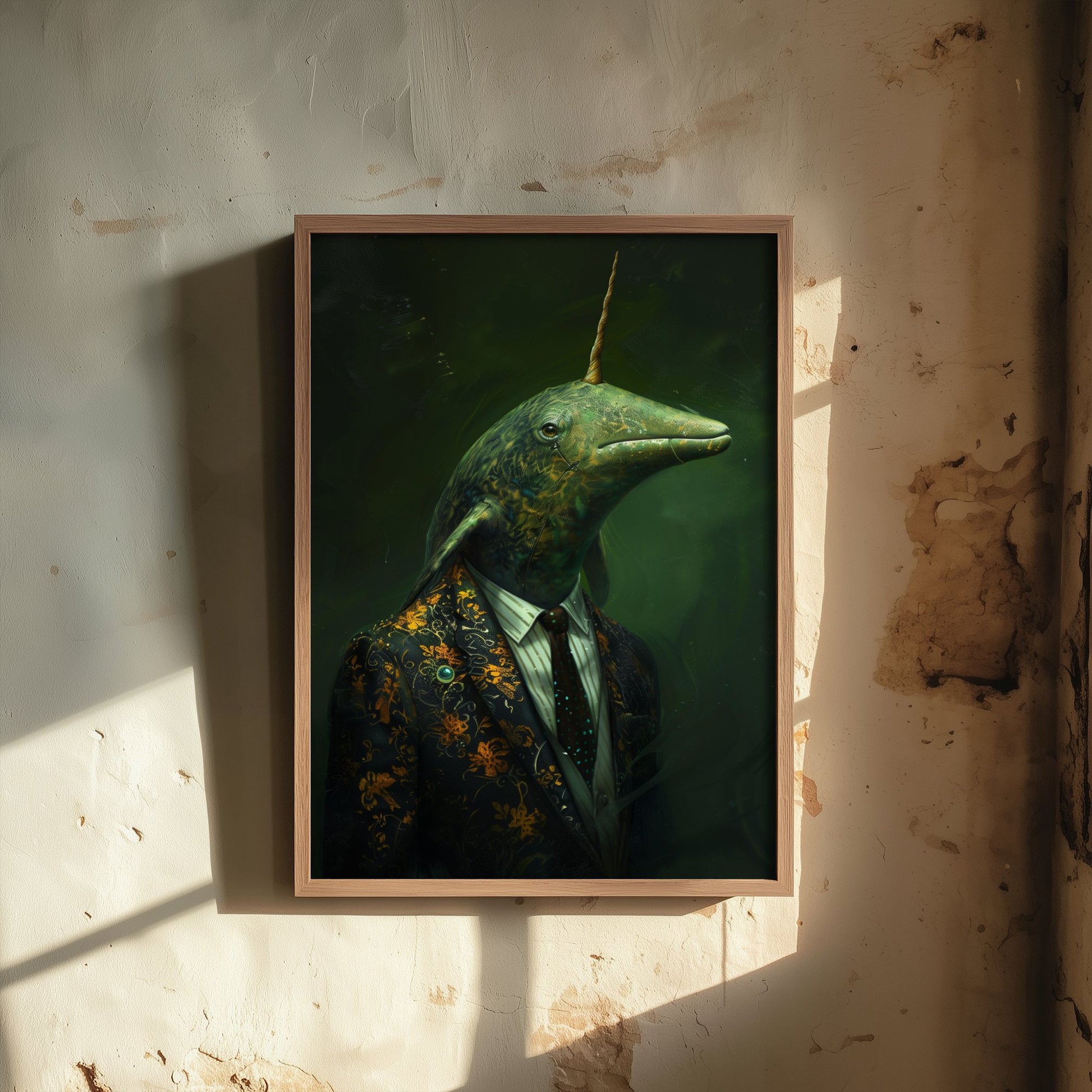 Narwhal in a Suit Art Print - Moody Animal Portrait Illustration - Quirky Office Poster 1/3
