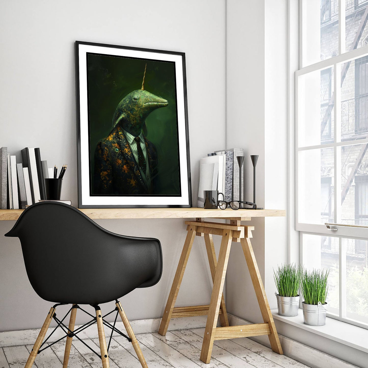 Narwhal in a Suit Art Print - Moody Animal Portrait Illustration - Quirky Office Poster 1/3