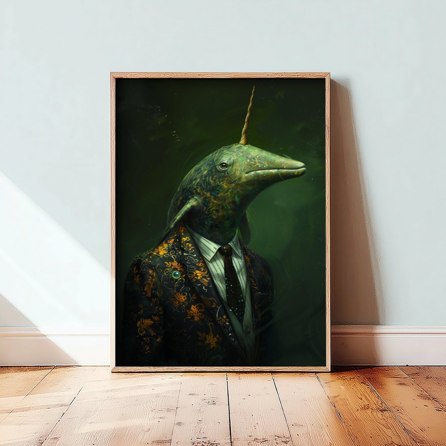 Narwhal in a Suit Art Print - Moody Animal Portrait Illustration - Quirky Office Poster 1/3